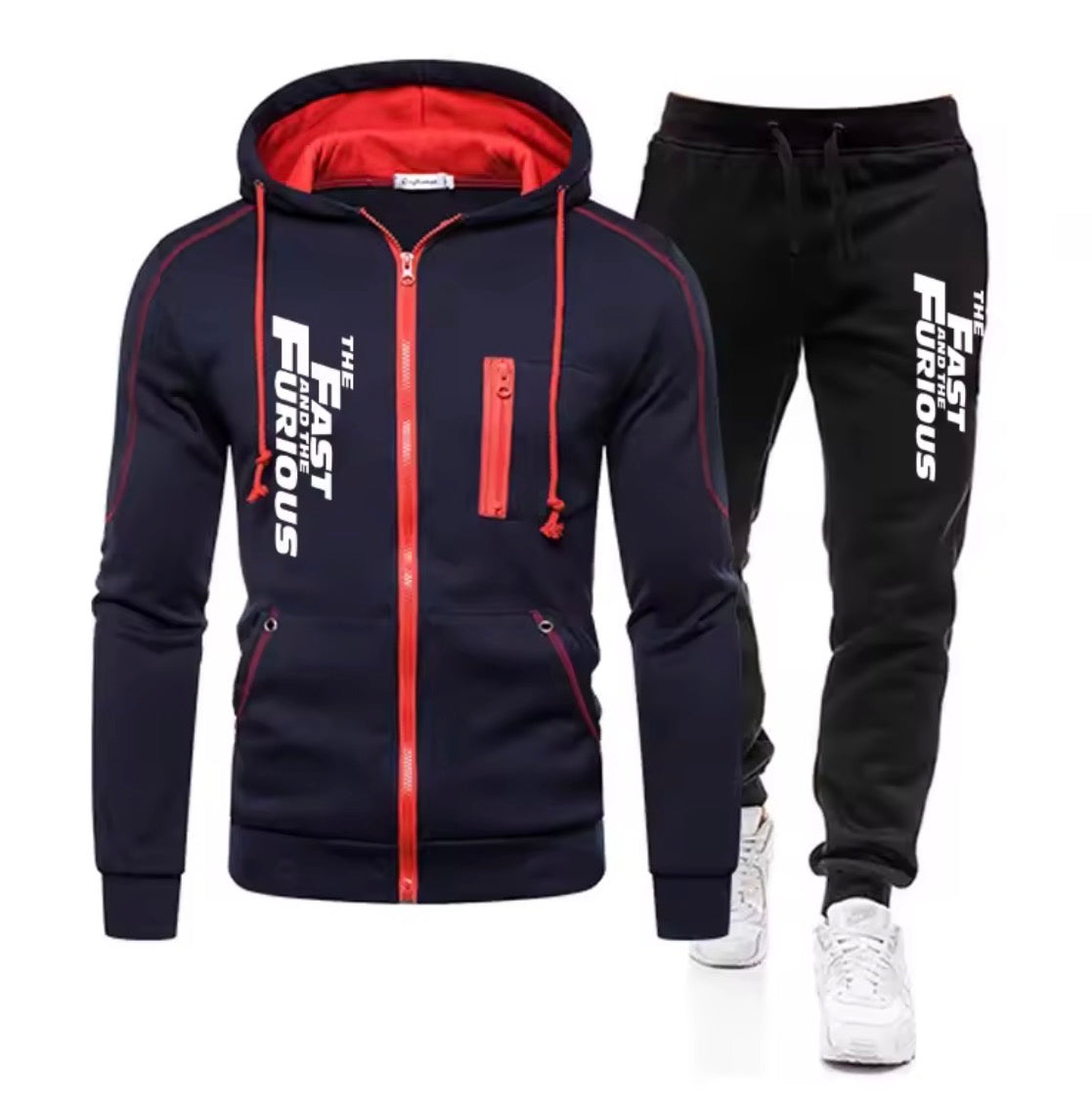 Autumn Winter Popular Mens Tracksuit Zipper Hooded Jacket+Running Pants 2 Piece Set Fast and Furious Print Casual Coat Clothing