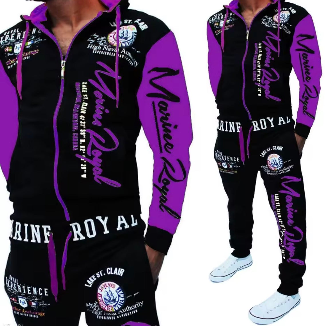 Mens Vintage Streetwear Hoody: Black Cotton-Polyester Blend, Letter Printed Tracksuit