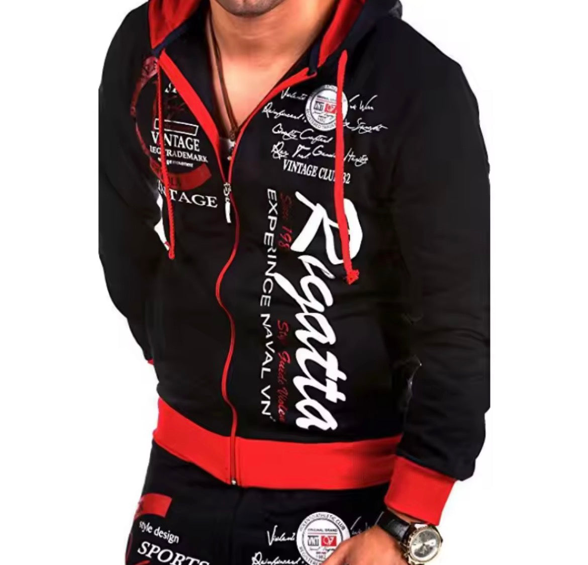 Men's Vintage Streetwear Hoody: Black Cotton-Polyester Blend, Letter Printed Tracksuit