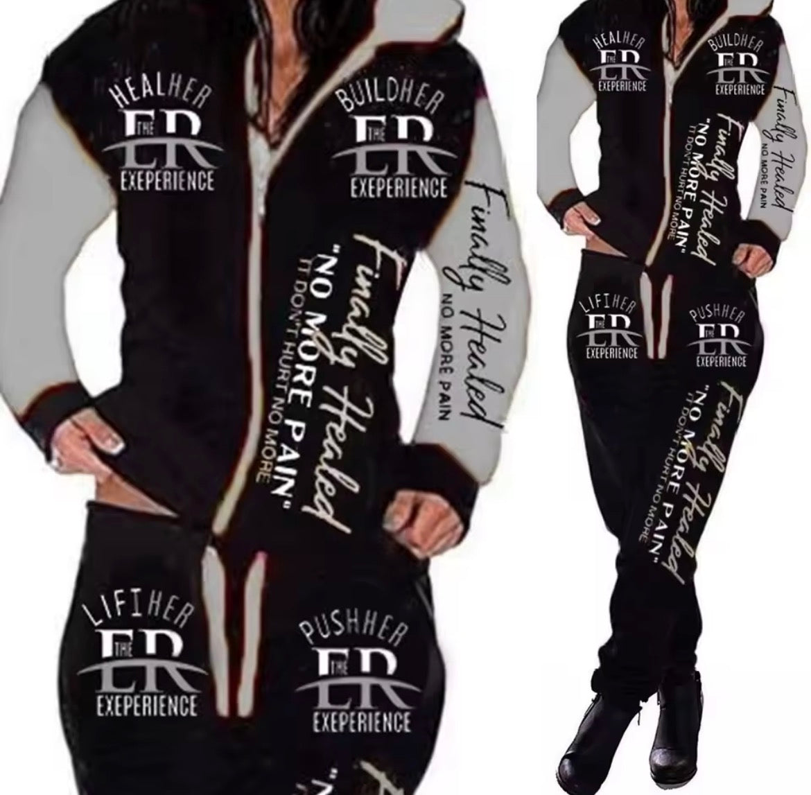 Women’s Vintage Streetwear Hoody: Black Cotton-Polyester Blend, Letter Printed Tracksuit