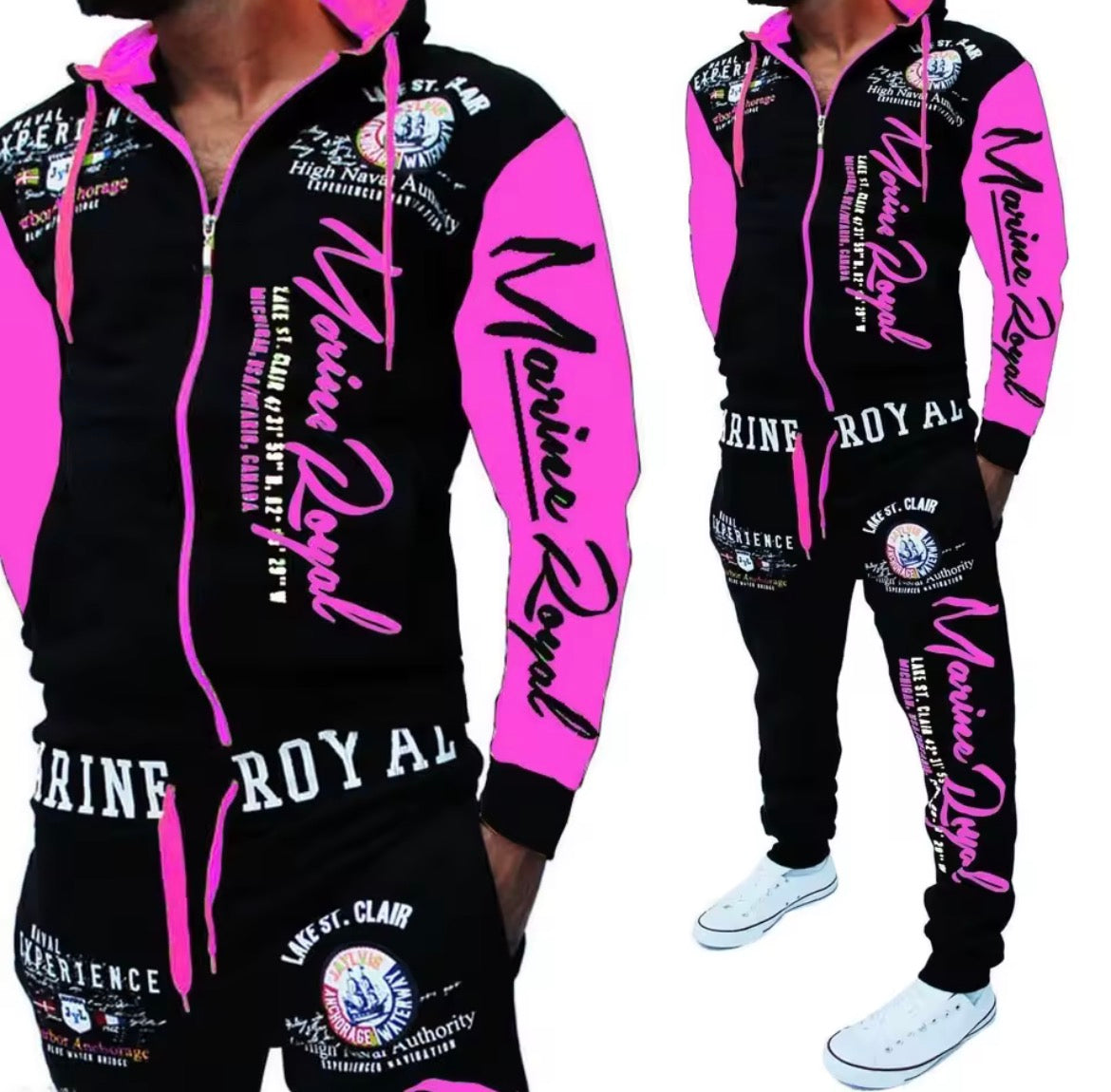 Mens Vintage Streetwear Hoody: Black Cotton-Polyester Blend, Letter Printed Tracksuit