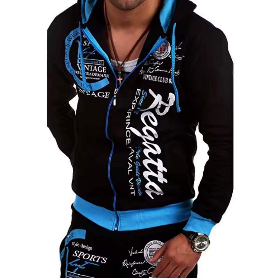 Men's Vintage Streetwear Hoody: Black Cotton-Polyester Blend, Letter Printed Tracksuit