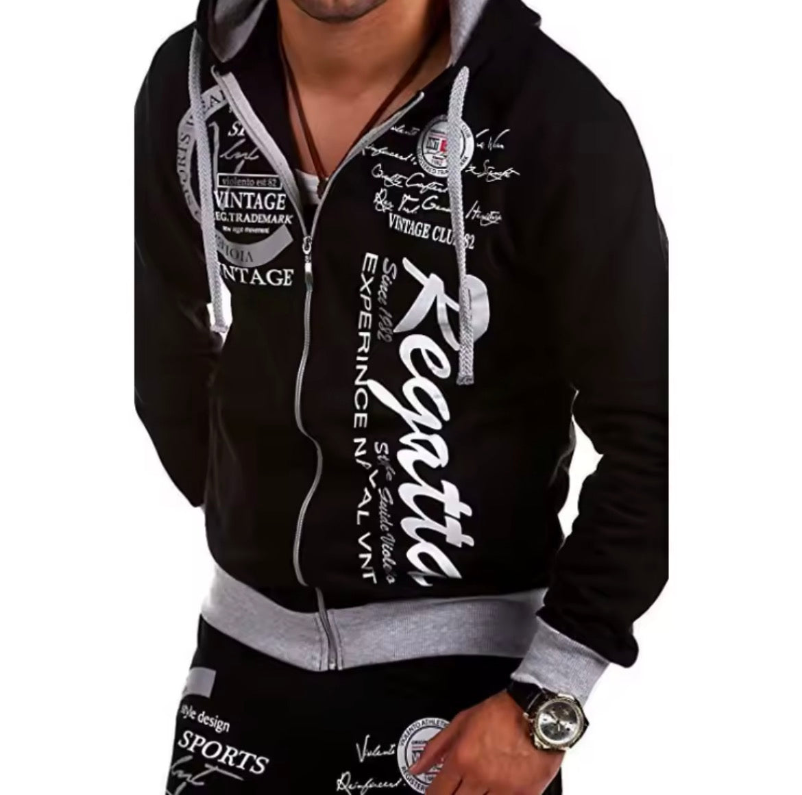 Men's Vintage Streetwear Hoody: Black Cotton-Polyester Blend, Letter Printed Tracksuit